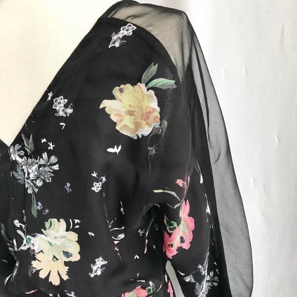French Connection Sheer Garden Floral Midi Dress Black Mesh Size 2 Romantic Goth - Picture 8 of 11